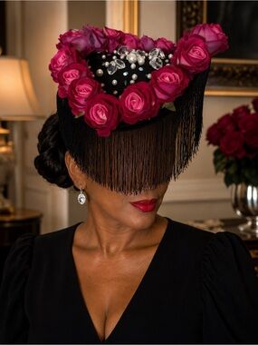 Black Fringe Floral Statement Hat with Pink Roses